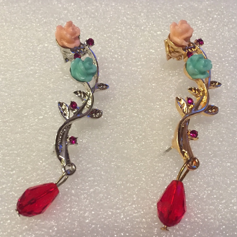 🌹 Awesome colorful metallic Left ear rose flower vine ear cuff silver or gold
